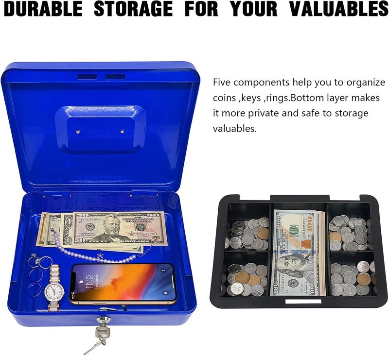 PACOLO Steel Cash Box with Key Lock, Metal Small Money Organizer with Money Tray,Cash Storage Box with Lockable Cover (Blue - 10 inch) - Image 4